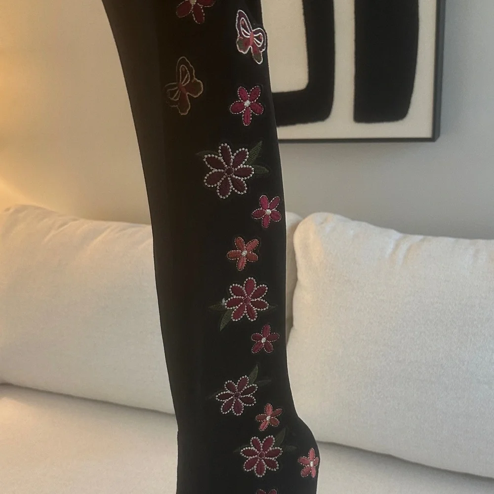 Black Over-the-Knee Boots with Pink Floral Embroidery